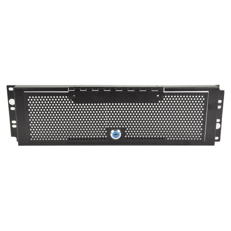 The Adastra 3U Rack Security Mesh Plate is a rectangular, perforated metal panel featuring a grid of small holes and a central blue knob with a lockable hinged opening. It includes mounting holes on the sides, has a black finish, and is typically used as a component cover for computer or electronic devices.