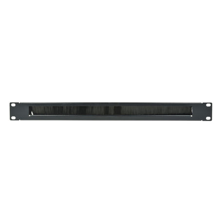 The Adastra 1U Rack Brush Plate is a black rectangular rack mount panel featuring a central brush slot for efficient dust management. It includes two mounting holes on each side, making it perfect for cable management in 19" racks to maintain neatness and organization. The background is white.