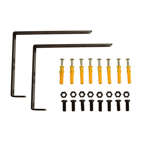 Adastra RACK-IT-2U pair of black steel L-shaped wall and counter rack brackets with wall plugs, screws, nuts and bolts on a white background.