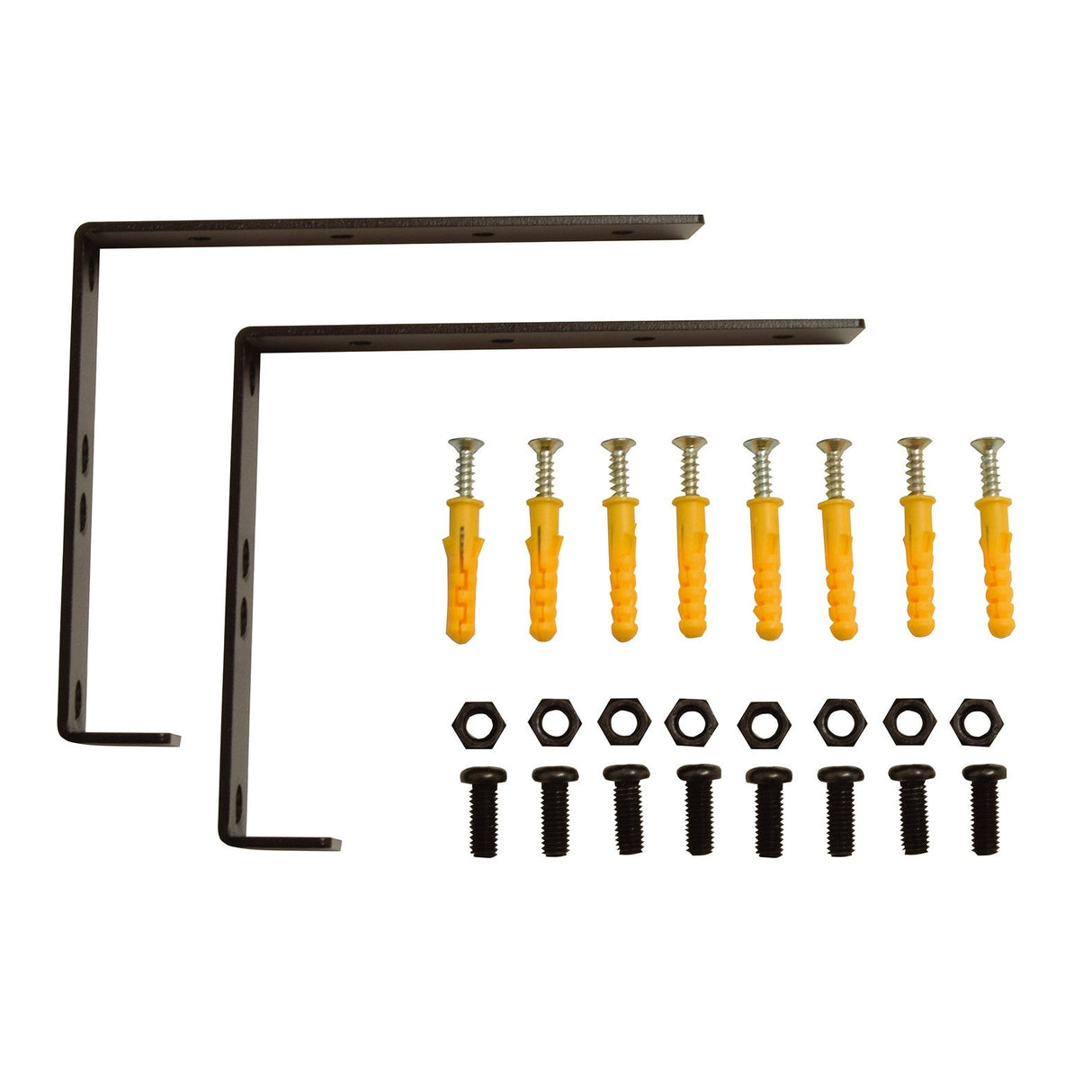 Image of two Adastra RACK-IT Wall/Counter Mounting Brackets 2U, featuring L-shaped metal brackets with yellow wall plugs, screws, black bolts, and nuts arranged in rows—an ideal, cost-effective solution for wall mounting needs.