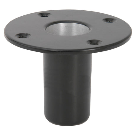 The QTX Top-Hat Fitting is a black, round metal flange similar to an aluminium top hat, with a cylindrical neck and four screw holes. It is designed for mounting hardware such as a speaker cabinet, and its central hole accommodates a 35mm stand or bolt. The surface has a smooth and polished finish.