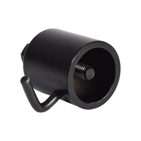 QTX 35mm stand top cap by AVSL in matte black machined steel, showing the interior socket, locking bolt and side hook on a plain white background.