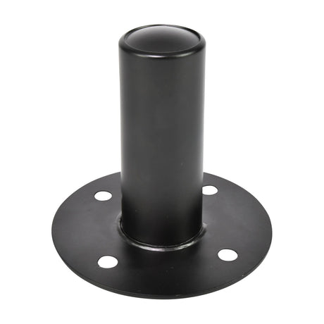 QTX STH02 steel top hat speaker cabinet fitting in matte black, with cylindrical 35mm pole socket and round flanged base with four mounting holes.