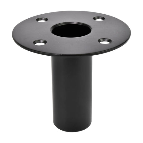 QTX STH02 steel top hat speaker cabinet fitting by AVSL with round flanged mounting plate, four countersunk screw holes, and 35mm bore tube, on white.
