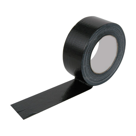 Ultra Tape 48mm x 50m black gaffa tape roll by AVSL with cloth backing and a partially unwound strip, shown on a plain white background.