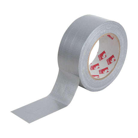 Ultra Tape 48mm x 50m silver gaffa tape roll by AVSL with cloth backing and loose end unrolled, shown on a plain white background.