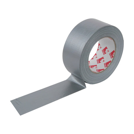 Ultra Tape gaffa tape roll in silver by AVSL, 48mm wide with a loose end unrolled, shown on a plain white background.