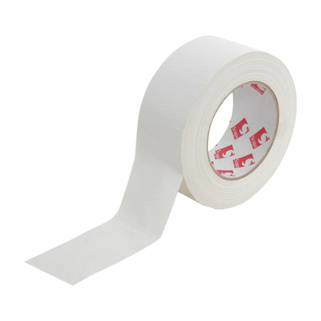 Ultra Tape white gaffa tape roll, 48mm x 50m, partially unrolled with visible cloth backing and Scapa-branded inner core, shown on a plain white background.