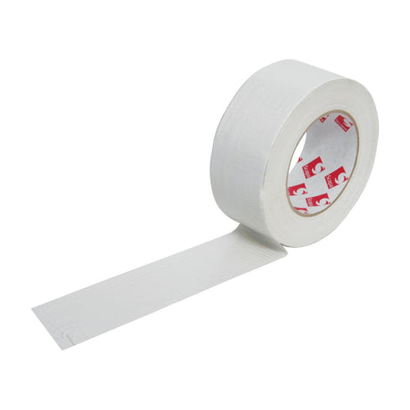 Ultra Tape white gaffa tape roll, 48mm by 50m, with cloth backing partially unrolled on a plain white background.