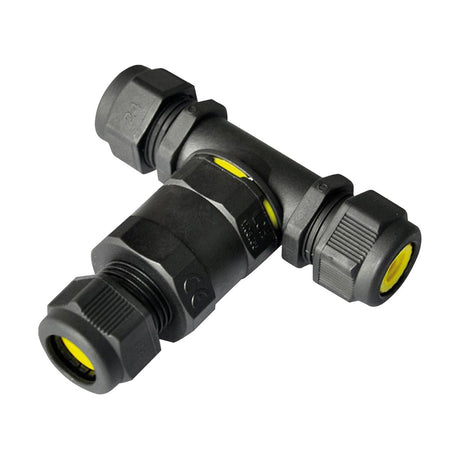 Introducing the IP68 16A 3-Way Cable Connector (3-Pole): a black, weatherproof T-shaped electrical cable connector featuring screw-on ends and distinctive yellow internal rings, engineered for durable and secure connections. This IP68-rated connector guarantees reliable performance in demanding conditions.