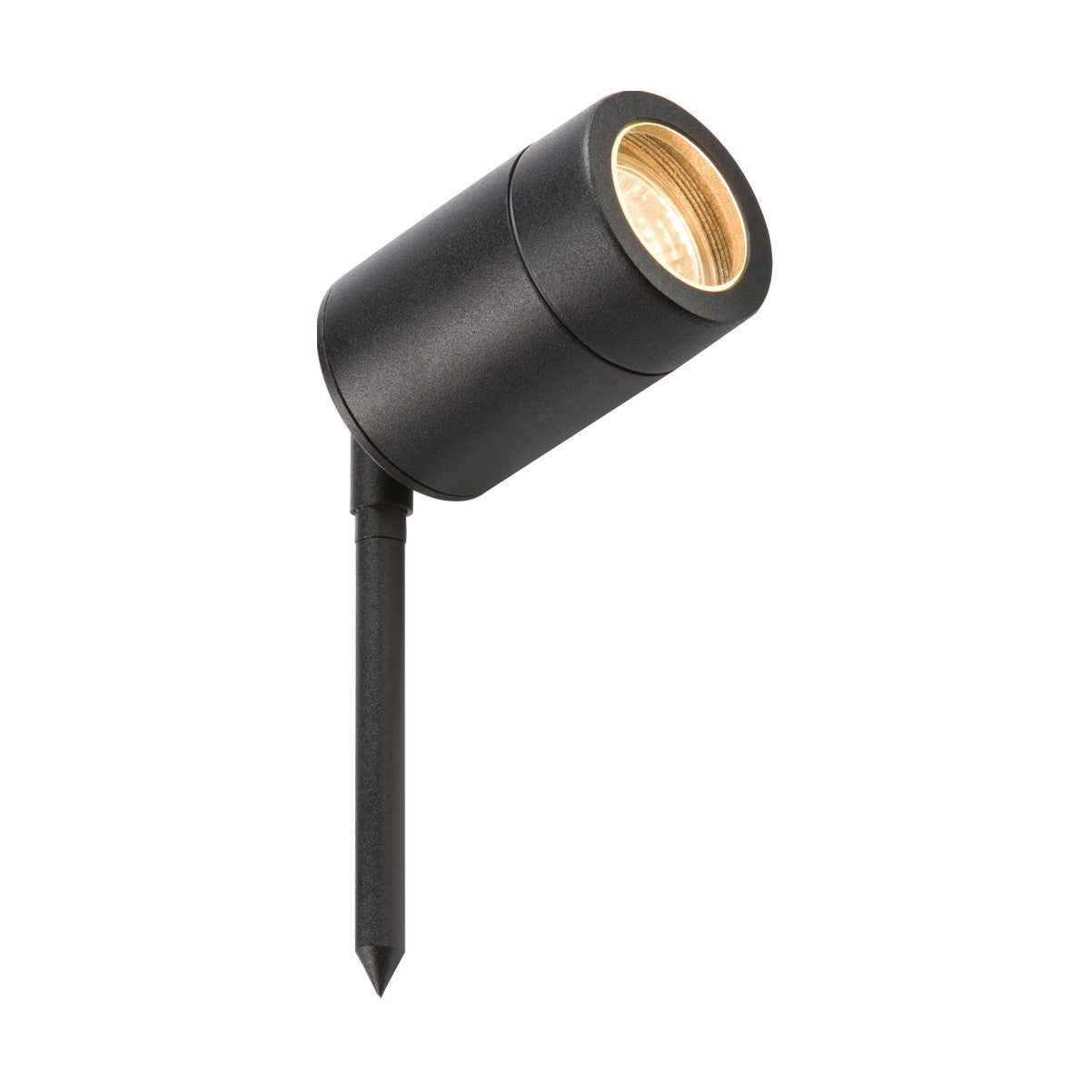 The GU10 IP65 Spike Light Black is a garden spotlight featuring a cylindrical body and an adjustable head, mounted on a spike for effortless ground installation. It includes LED GU10 lamps, boasts an IP65 rating for durability, and emits a warm glow when illuminated.