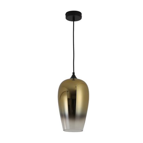 The Slice Glass Pendant Light - Gold features a modern glass shade with a metallic gold and silver gradient, a black ceiling mount and cord, and an elegantly tapered open bottom—ideal for adding stylish pendant lighting to any space.
