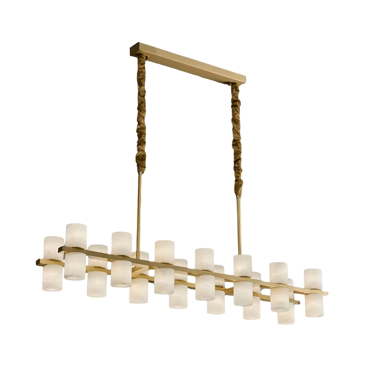 The Valenro 24 Light Cylindrical Alabaster Linear Suspension Light features two gold fabric-wrapped rods and a brass frame with horizontal bars, each holding evenly spaced alabaster shades for a refined, soft white look.