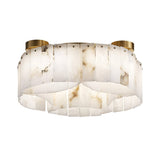 The Elara 16 Light Layer Panel Alabaster Ceiling Semi-Flush Light in soft white and brass features modern, layered translucent alabaster panels and emits a warm, soft glow.