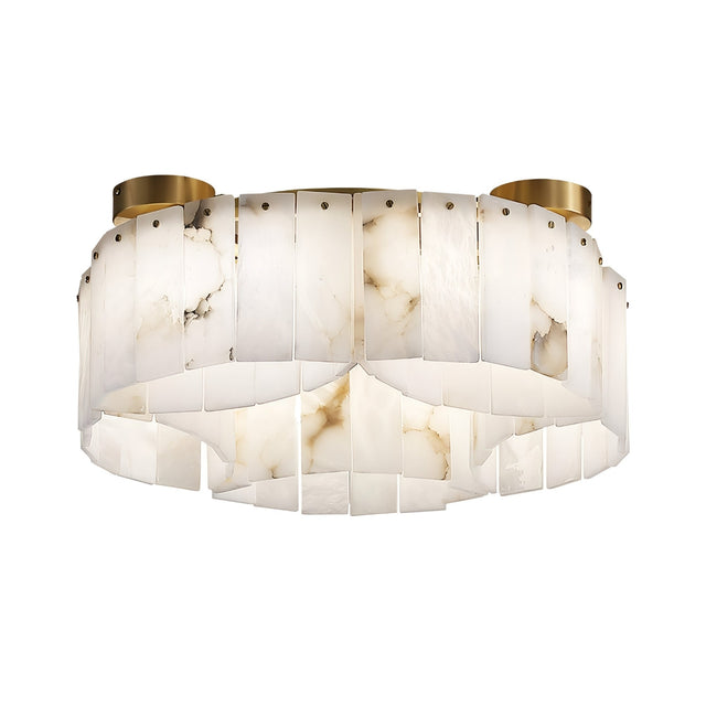 The Caldrisa 16 Light Layer Panel Alabaster Semi-Flush Ceiling Light features overlapping Spanish alabaster panels and brass accents, emitting a soft white glow with modern elegance.