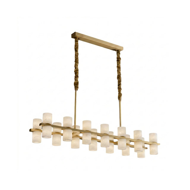 Niori Valenro 24 light linear chandelier with two staggered rows of alabaster cylinder shades on a brass bar, hung from textured rods and a rectangular canopy.