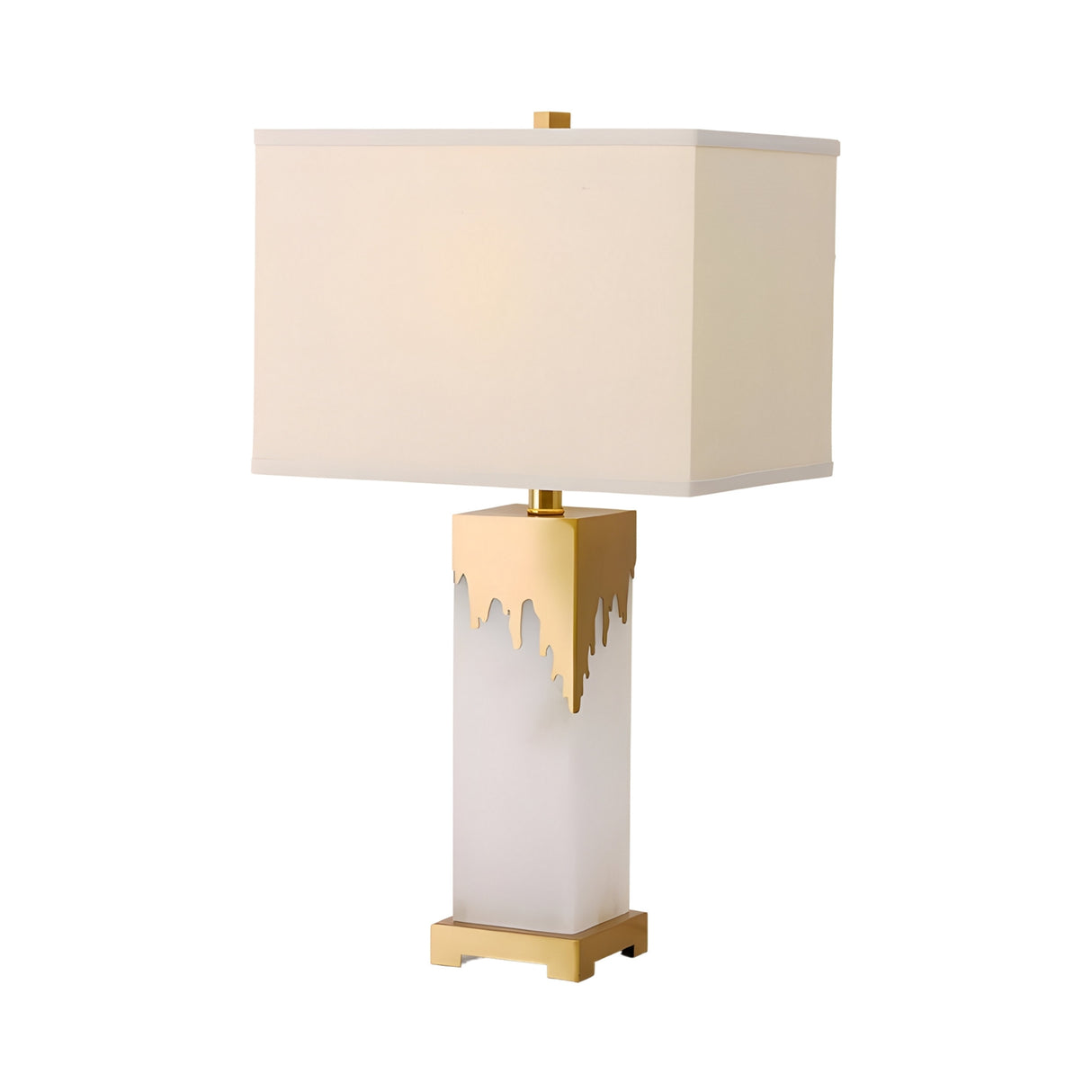 The Lumixia 1 Light Gilded Edge Alabaster Table Lamp features a sculptural brass and soft white base with gilded detailing, a rectangular white shade, and a gold square stand for modern elegance.