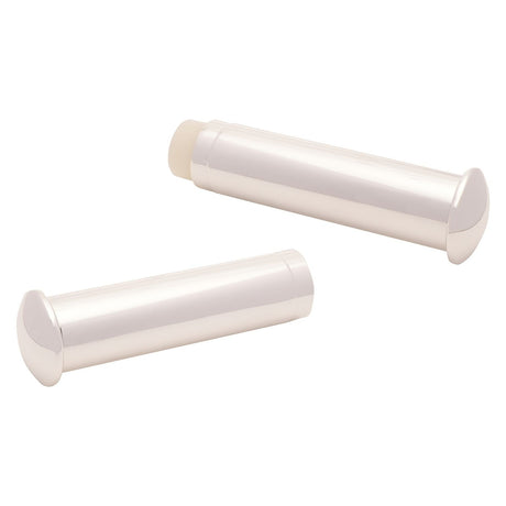 Plain certificate tube in polished silver metal with domed end caps, shown separated into two halves on a plain white background.