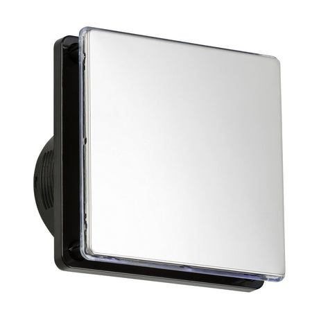 A sleek and modern square wall switch, boasting a glossy white surface set in a black frame, is designed to integrate seamlessly with the 100mm/4" LED Extractor Fan with Overrun Timer in Chrome for effective damp air removal while maintaining a low noise operation.