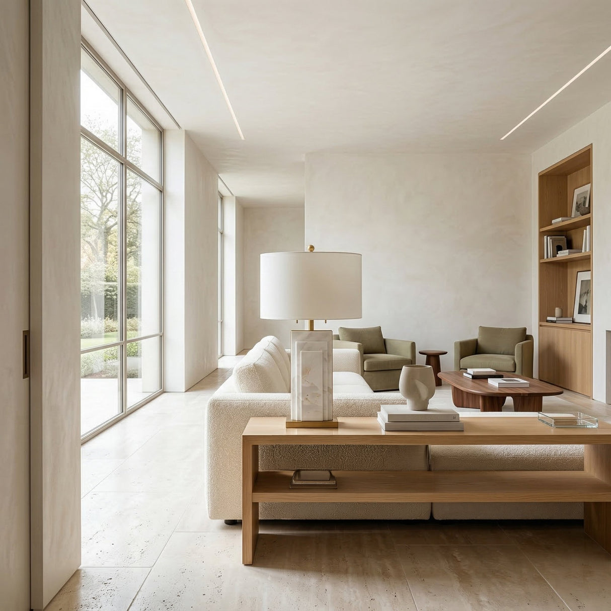 Modern living room with large windows, neutral sofas, wooden coffee table, built-in shelves with decor, and a Caldrin 1 Light Marble Table Lamp in brass & white on a wood console; natural light fills the minimalist space.
