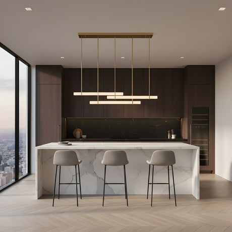 Selvara 3 Light Horizontal Alabaster Linear Suspension in brushed brass above a white marble kitchen island with three grey barstools and city view.