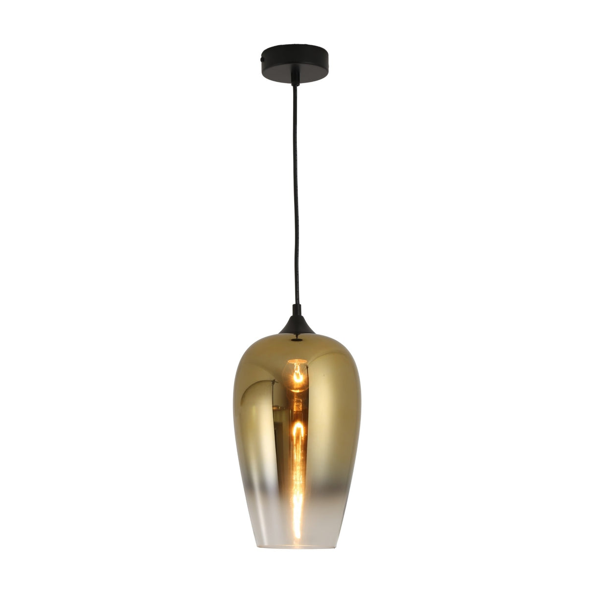 The Slice Glass Pendant Light - Gold is a modern handcrafted fixture with a smooth tinted glass shade, visible bulb, and hangs from a black cord and ceiling mount.