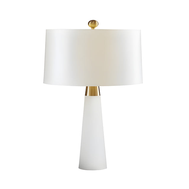 The Arvello 1 Light Slim Tapered Marble Table Lamp in brass and white features a modern conical base with gold accents and a round white shade, adding elegance to any space against a plain white background.