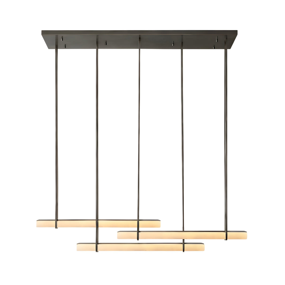 Niori Selvara 3 light linear pendant with three staggered Spanish alabaster bars on slim matt black drop rods and rectangular canopy, on white.