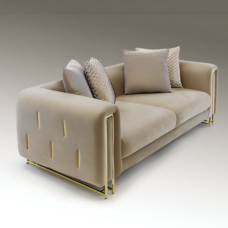 Viena 2-seater beige velvet sofa with tuxedo-style arms, gold metal base, vertical accent strips, and four patterned scatter cushions.