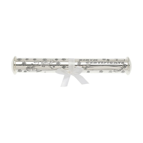 Silverplated Birth Certificate Holder keepsake tube with rounded caps, engraved flower, horse, and gift motifs, and CERTIFICATE text, tied with a white ribbon on a white background.