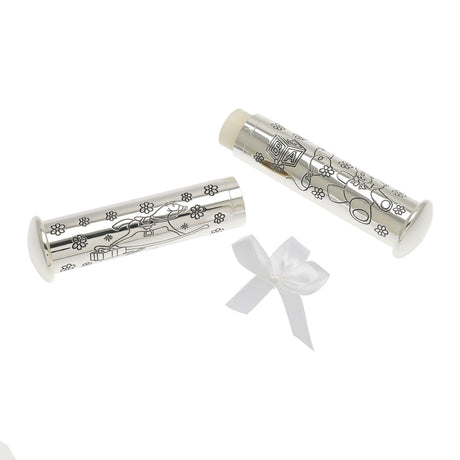 Two silverplated birth certificate holder tubes engraved with baby motifs and floral patterns, with cream end caps and a white ribbon bow, on a plain white background.