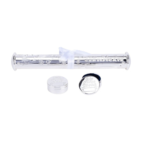 Silver-plated keepsake box set with an engraved certificate holder tube and two round lidded boxes marked "My First Tooth" and curl, shown on a white background.