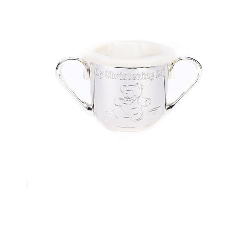 Silver metal christening baby cup with two curved loop handles, embossed "My Christening Day" text and a teddy bear design, white plastic rim insert, on a plain white background.
