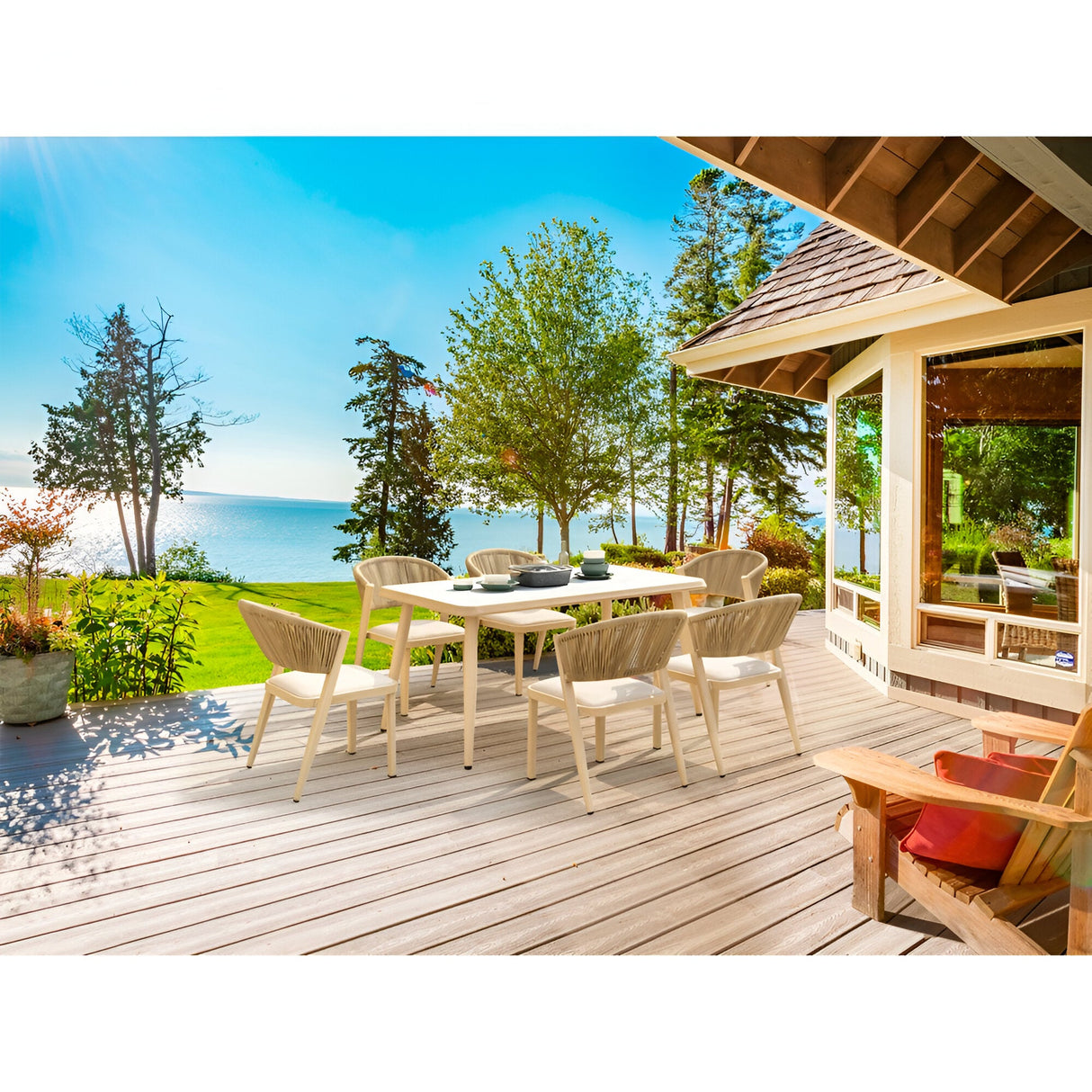 Brizna 6 Seater Outdoor Marble Dining Table Set - Beige/White Marble