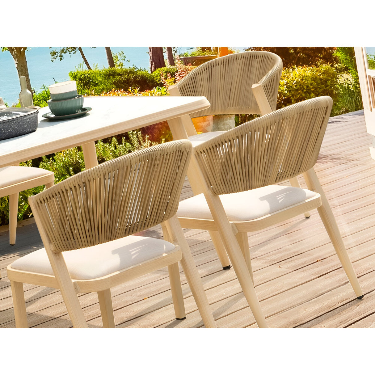 Brizna 6 Seater Outdoor Marble Dining Table Set - Beige/White Marble