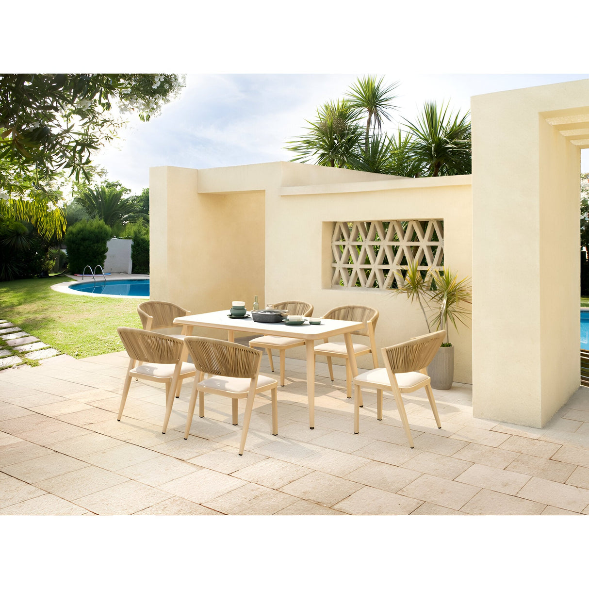 Brizna 6 Seater Outdoor Marble Dining Table Set - Beige/White Marble