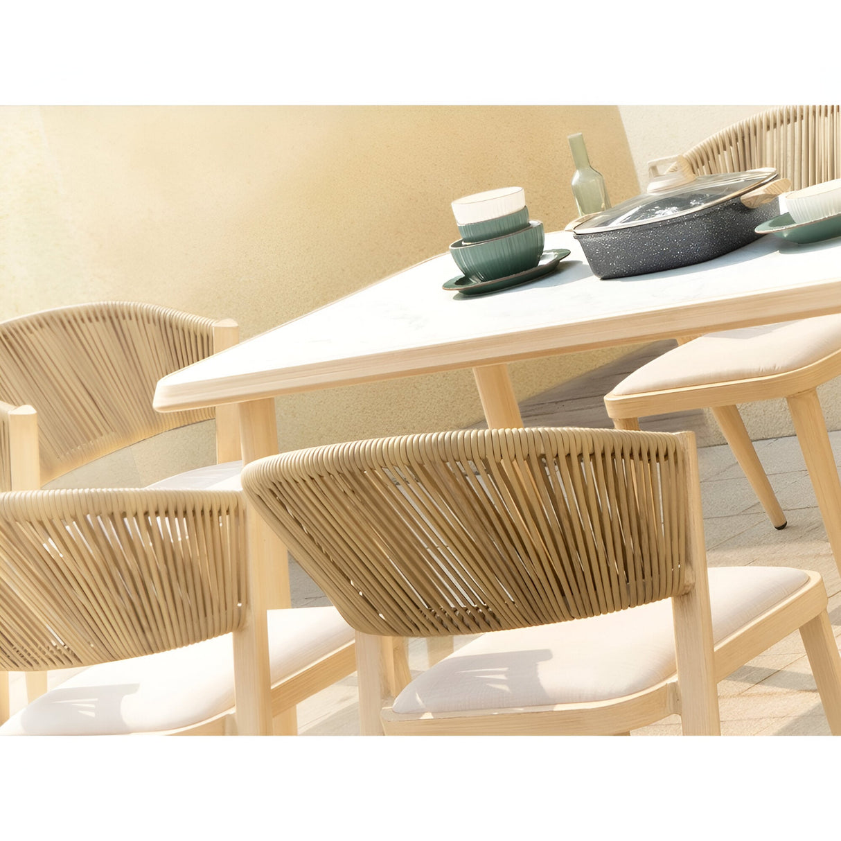 Brizna 6 Seater Outdoor Marble Dining Table Set - Beige/White Marble