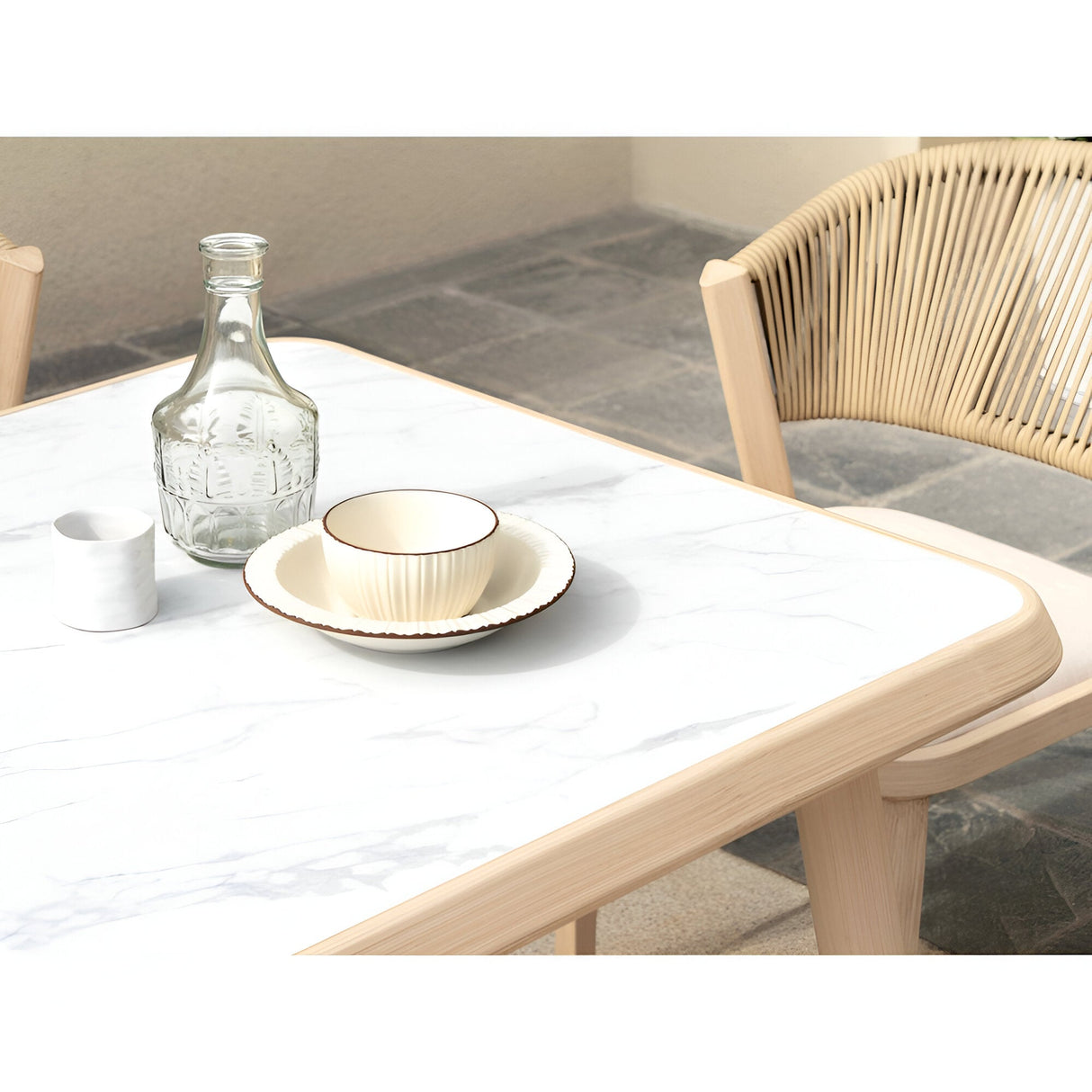 Brizna 6 Seater Outdoor Marble Dining Table Set - Beige/White Marble