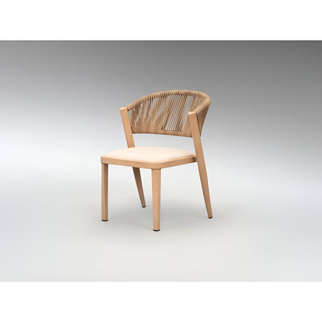 Schuller Brizna outdoor dining chair with beech-tone aluminium frame, beige woven rope backrest and cream waterproof cushion on a light background.