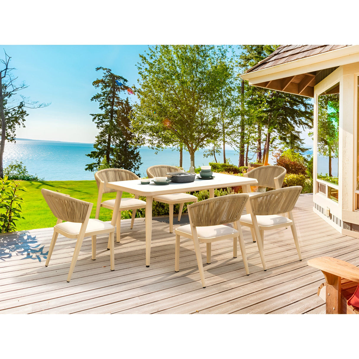 Brizna 6 Seater Outdoor Marble Dining Table Set - Beige/White Marble