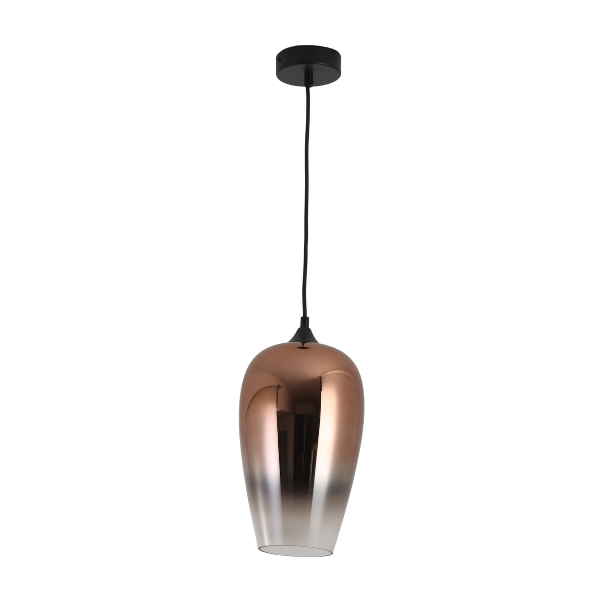 The Slice Glass Pendant Light - Copper features a modern glossy copper shade that gradually fades to white at the bottom, suspended by a black cord and ceiling mount.