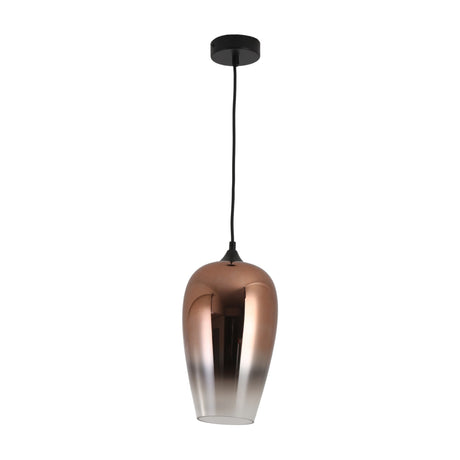 The Slice Glass Pendant Light - Copper features a modern glossy copper shade that gradually fades to white at the bottom, suspended by a black cord and ceiling mount.