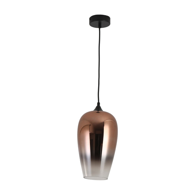 The Slice Glass Pendant Light - Copper features a modern glossy copper shade that gradually fades to white at the bottom, suspended by a black cord and ceiling mount.