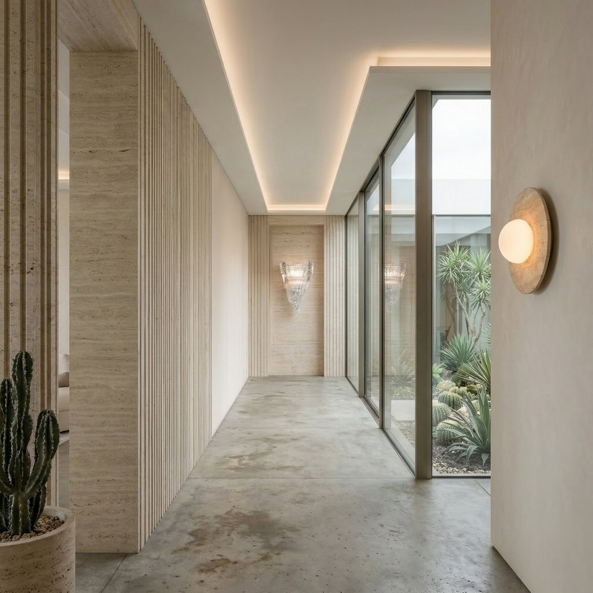A modern, minimalist hallway with concrete floors, light wood wall panels, the Solenne 1 Light Disc Travertine Wall Light in light beige, floor-to-ceiling windows, and a view of an outdoor garden with cacti and succulents.