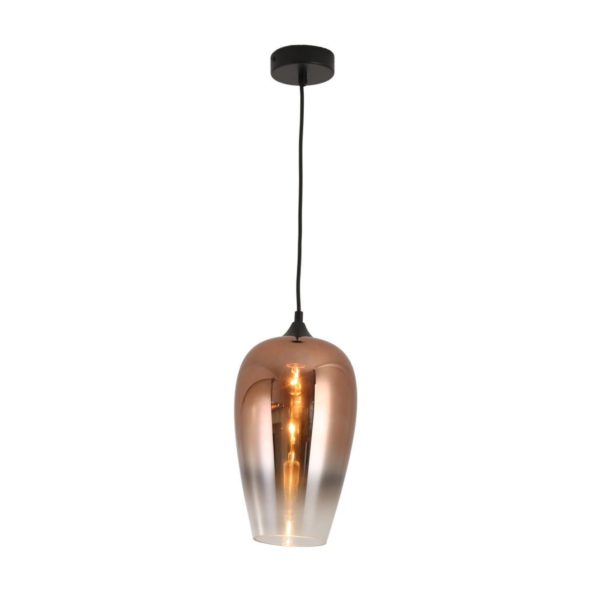 The Slice Glass Pendant Light - Copper features a modern design with a black ceiling mount and cord, and a handcrafted glass shade in a copper and silver gradient, highlighted by a visible bulb inside.