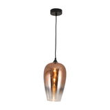 The Slice Glass Pendant Light - Copper features a modern design with a black ceiling mount and cord, and a handcrafted glass shade in a copper and silver gradient, highlighted by a visible bulb inside.