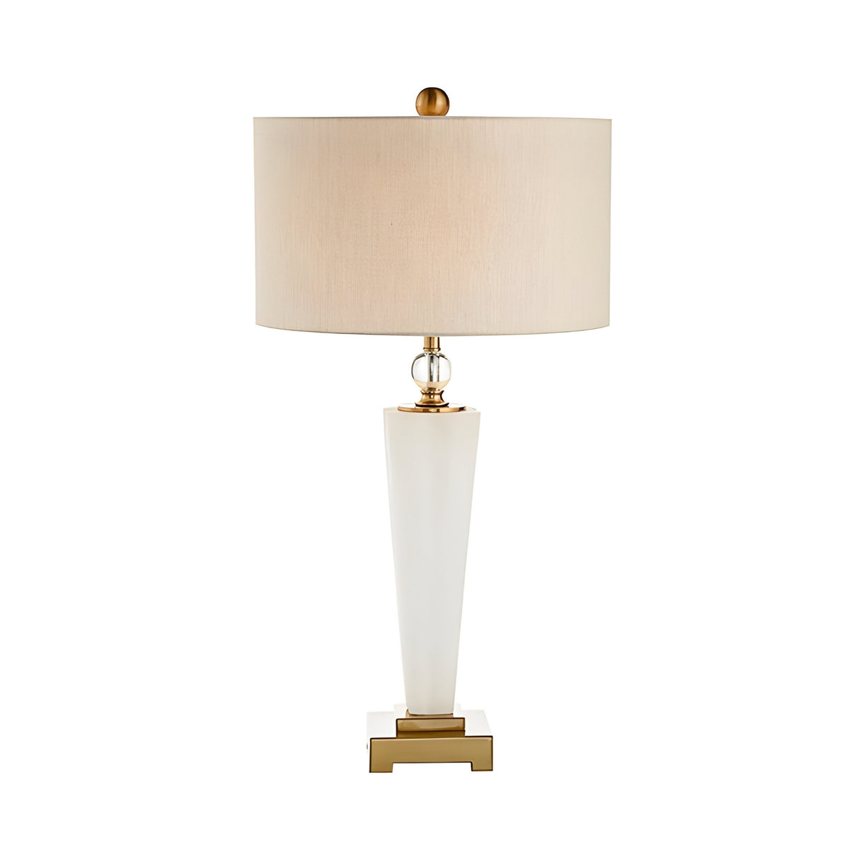 The Orvani 1 Light Refined Silhouette Marble Table Lamp features a white tapered base, beige drum shade, brass accents, and a square gold platform for a modern, elegant look.