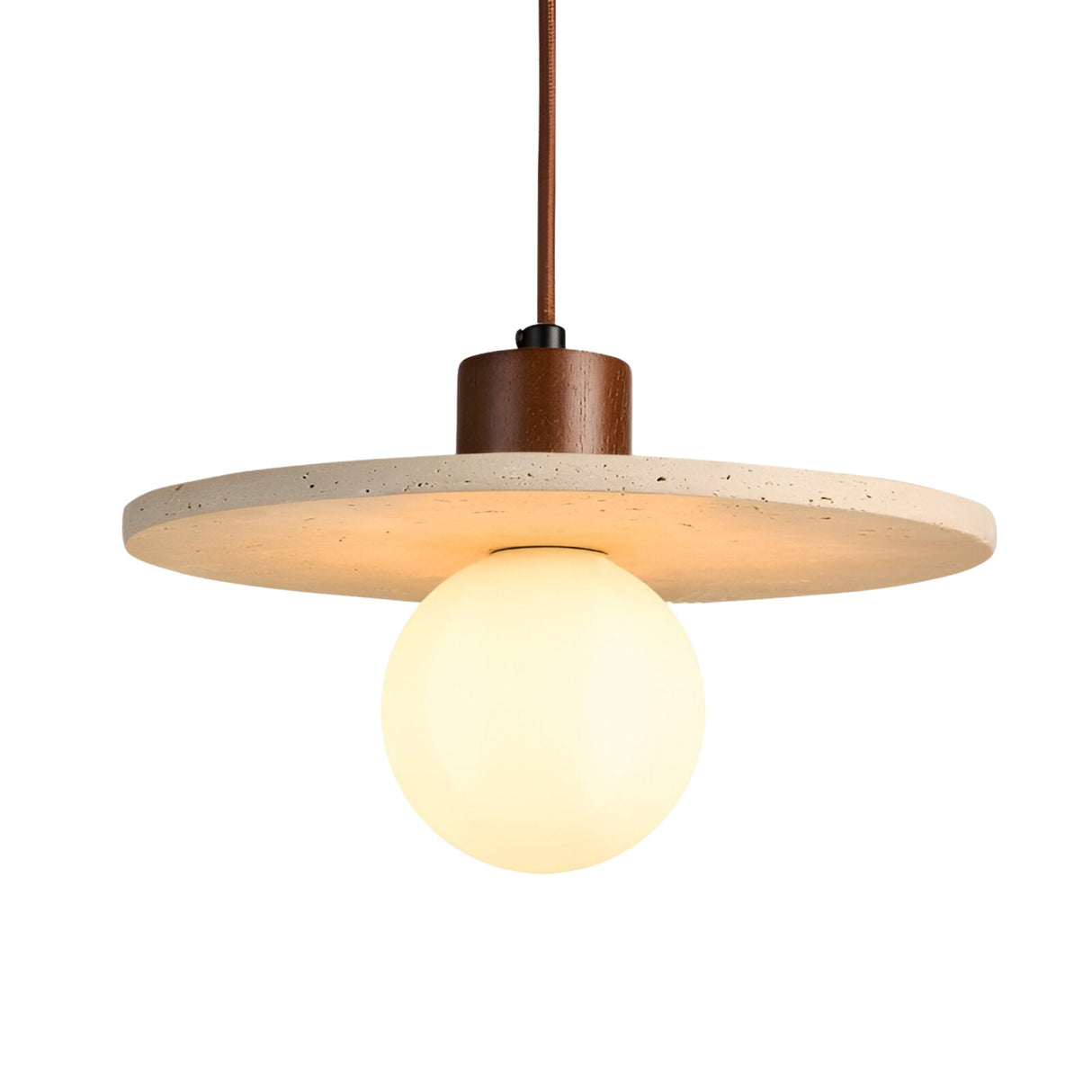 The Torelli 1 Light Wide Disc Travertine Single Pendant Light features a light beige round shade, walnut brown cylindrical fixture, and glowing spherical bulb suspended from a cord for a modern look.