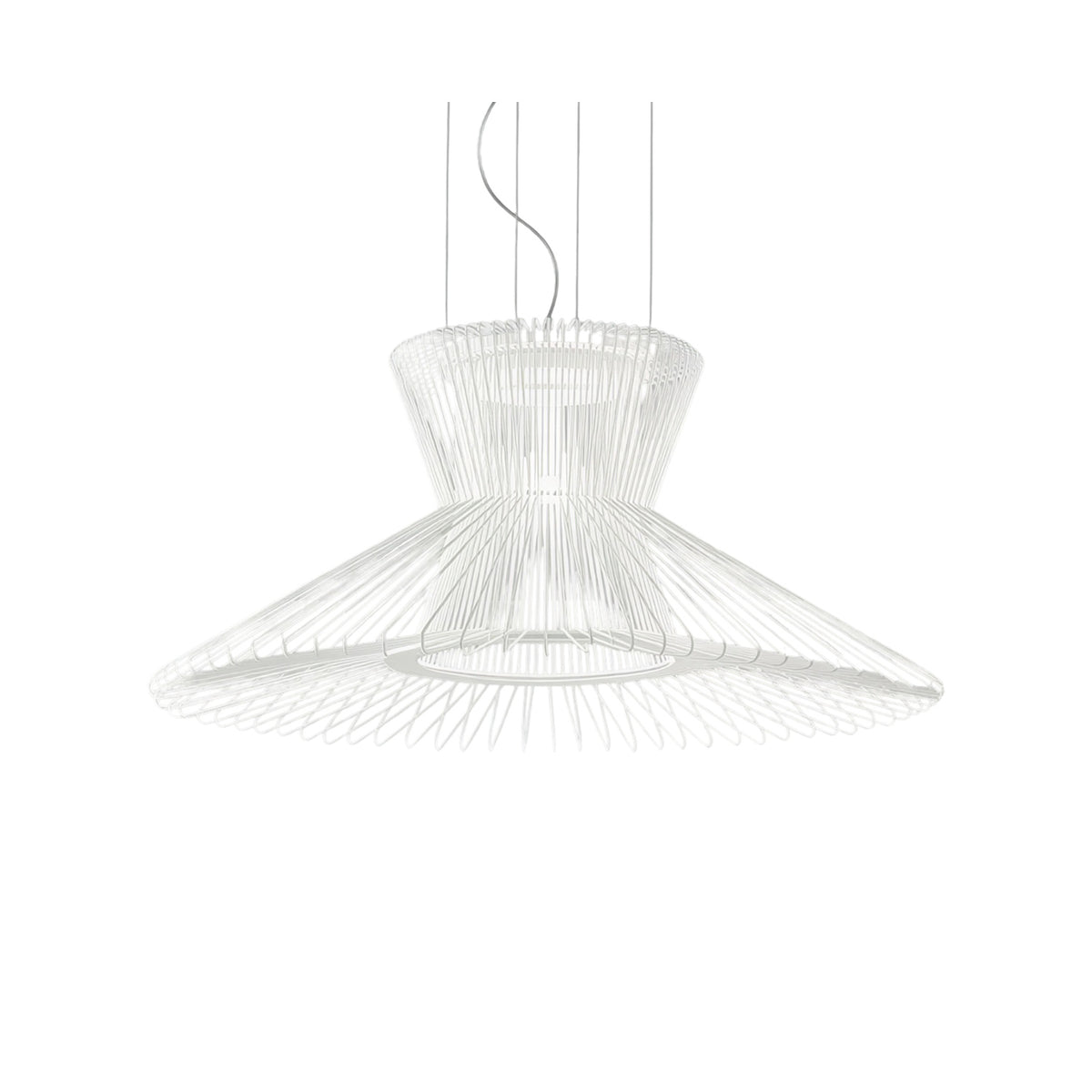Impossible Flared Pendant Light 65cm in white metal mesh, waisted crown top flaring into a wide upturned skirt, shown on a plain white background.