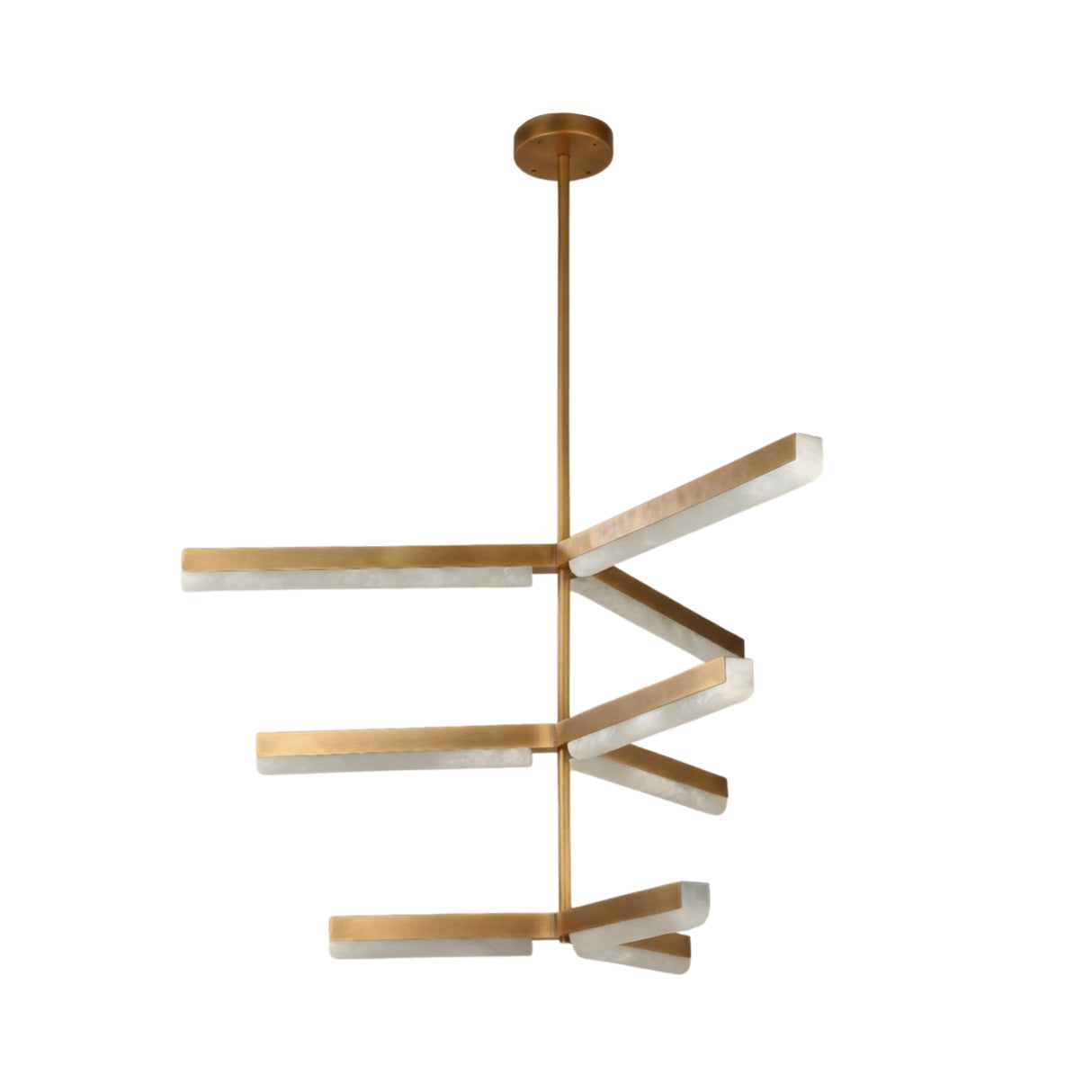 Elvaris LED 3-tier radial chandelier with elongated alabaster bars on a brushed brass frame and rod, rotating tiers against a plain white background.